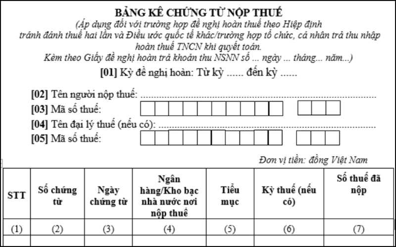 Bảng kê chứng từ nộp thuế mới nhất 2024