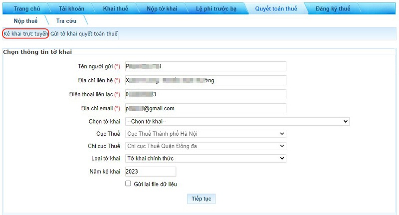 Điền thông tin kê khai trực tuyến đầy đủ