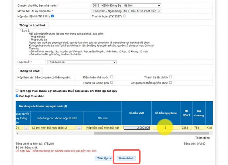 Hướng dẫn chi tiết các bước nộp thuế môn bài online - bước 5