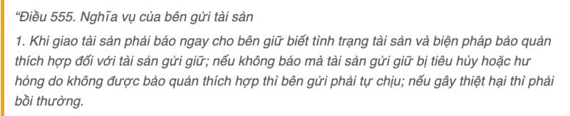 Nghĩa vụ cần thực hiện của bên gửi tài sản