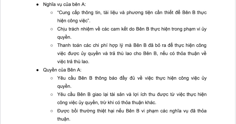 Quyền và nghĩa vụ của bên A